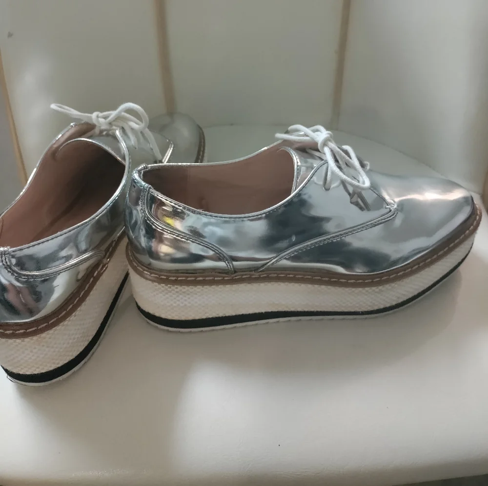 ZARA Silver Metallic Mirror Platform Lace Up Oxford Derby Shoe Size 37 (6.5)